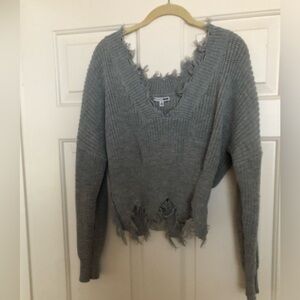 Fashion Nova Gray V-Neck Distressed Sweater